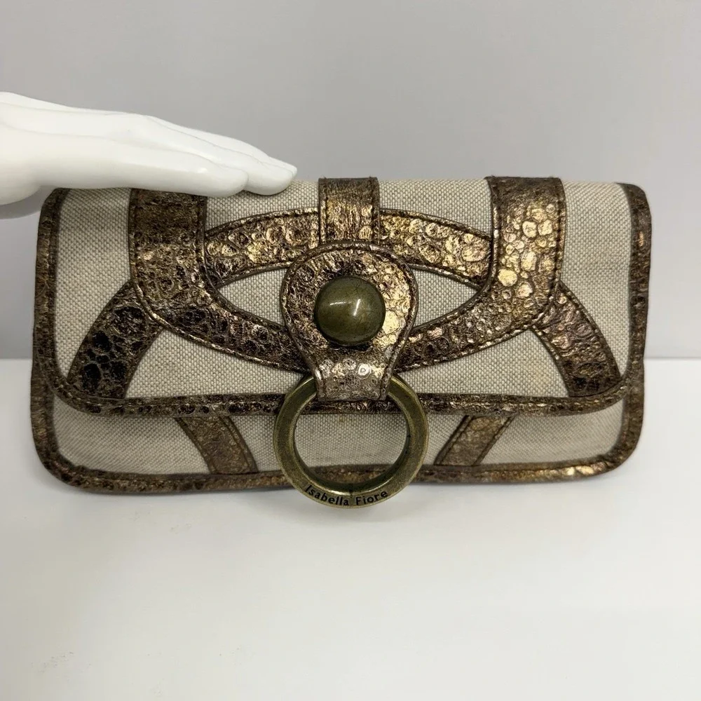 Isabella Fiore Clutch Bag Purse City Lights Clara Bronze Flax Leather & Linen